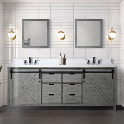Double Basin Bathroom Vanity 84" Wide X 22" Deep, White Quartz Countertop