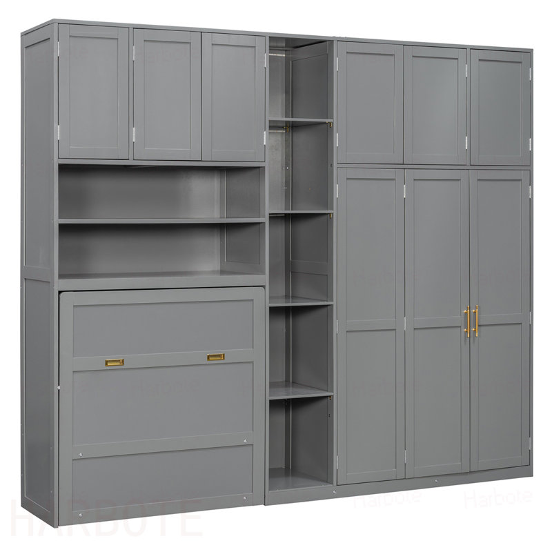 Lit escamotable simple avec garde-robe et tablettes de rangement, tablettes à DEL à 5 niveaux, armoires suspendues, Grey