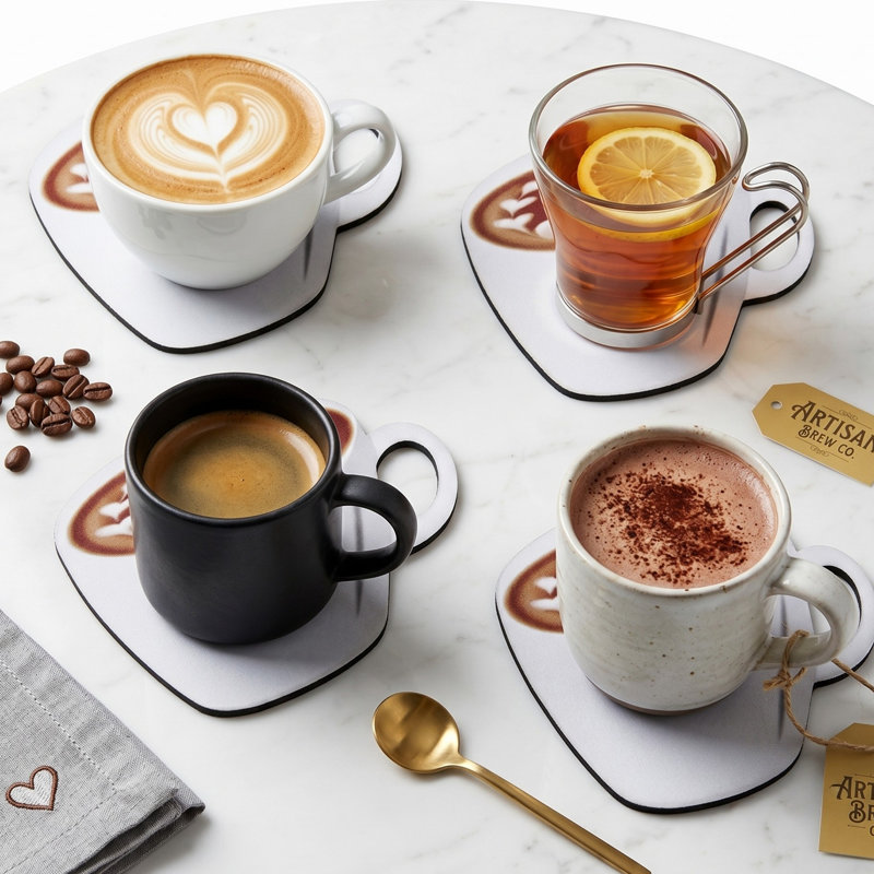  Ensemble de 4 sous-verres en néoprène, ensemble de sous-verres en forme de tasse à café avec latte Art Design