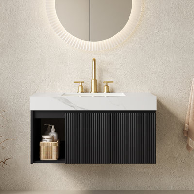 Meuble-lavabo suspendu EIDEN 91 cm (36 po), lavabo en céramique avec comptoir en pierre frittée blanche de Carrare et trois trous pré-percés pour robinetterie, démonté, sans robinetterie ni bonde, couleur noire.