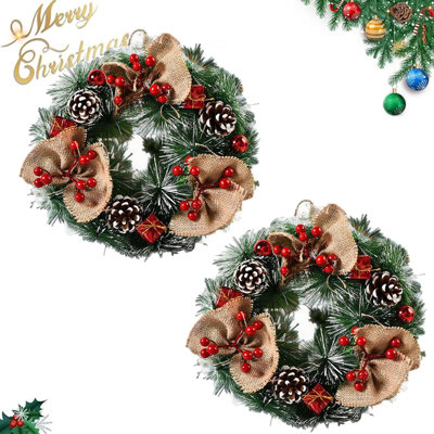 2 PCS couronnes de Noël pour la porte d'entrée, 12 pouces couronne de Noël en plein air pommes de pin pour fenêtre décorations de Noël d'hiver