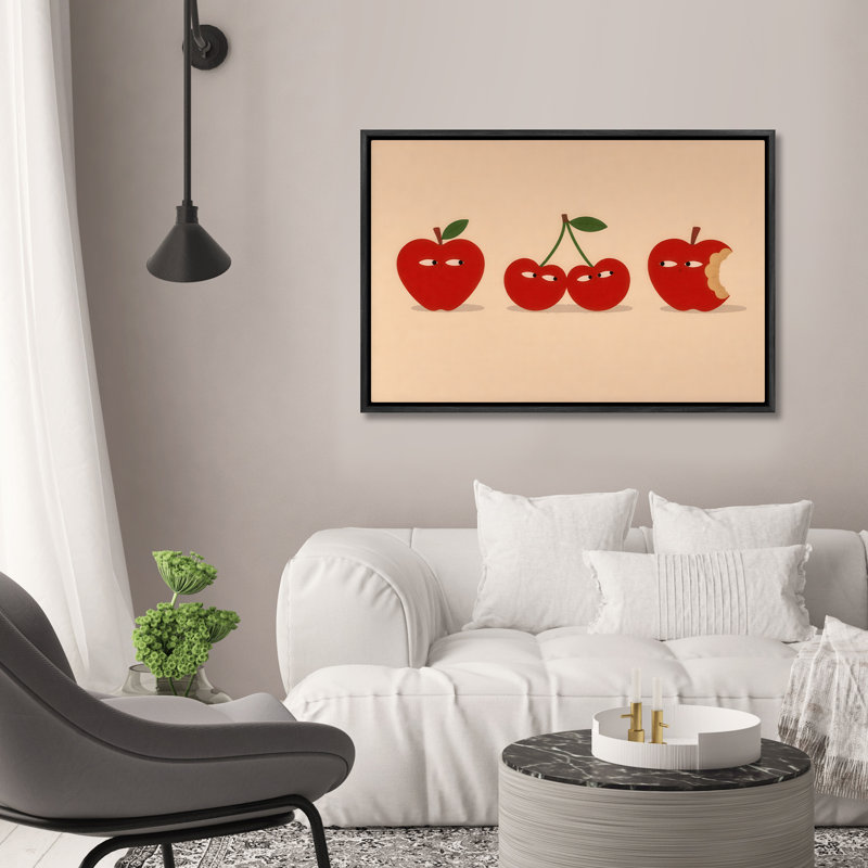 «Playful Apples and Cherries with Expressive faces», reproduction d'art encadrée, Noir, H 24 po x l 36 po