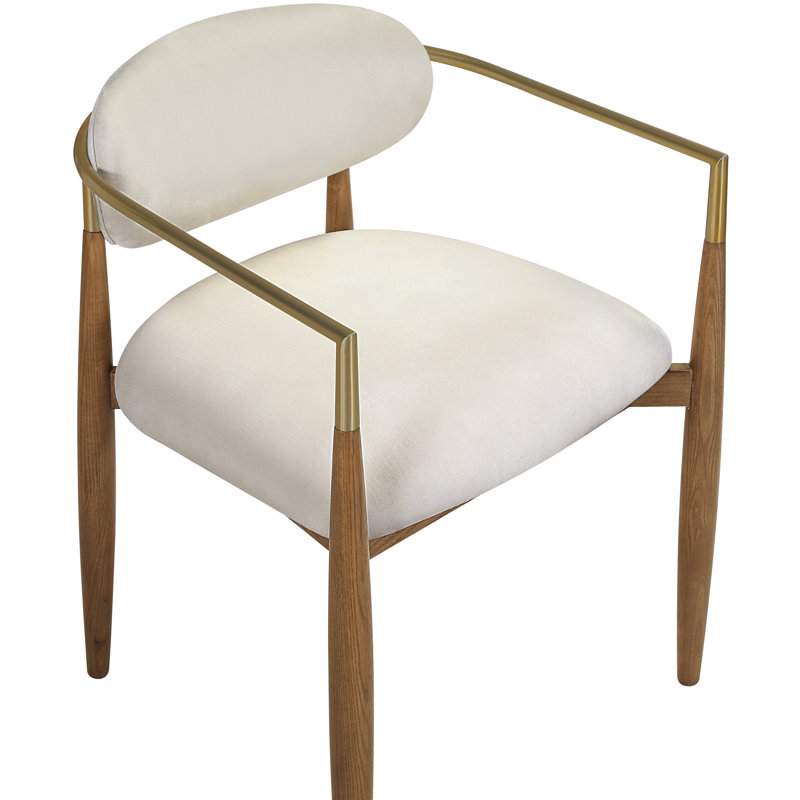 Riccio Performance Fabric Upholstered Dining Arm Chair, Beige, Stained Walnut / Brushed Brass