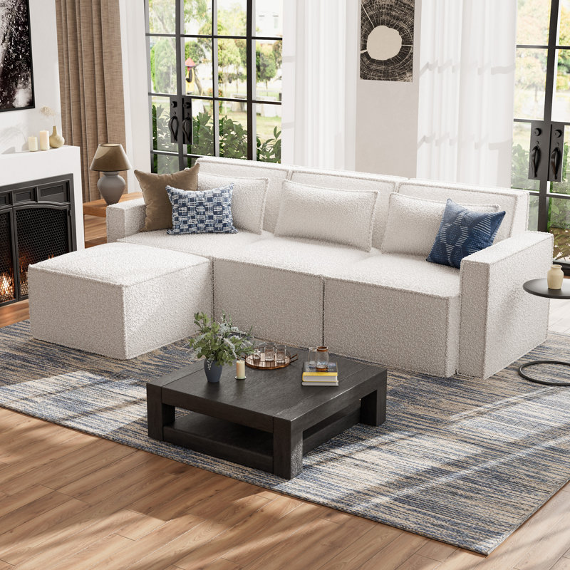 Taufner Upholstered L-Shaped Sectional Reversible, White Boucle
