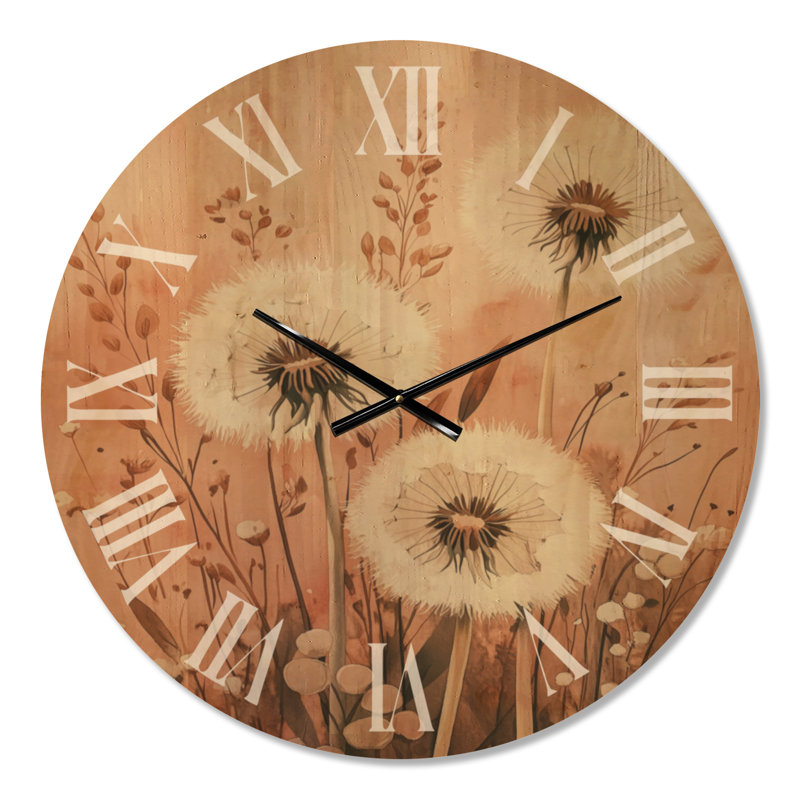 Champ de pissenlits d'automne - Horloge murale ronde en bois brun de style bohème, Medium