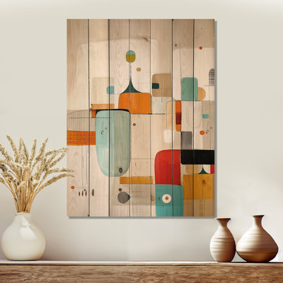 Mid Century Forms Radiant Of Geometry I - Midcentury Orange Wood Print On Natural Pine Wood