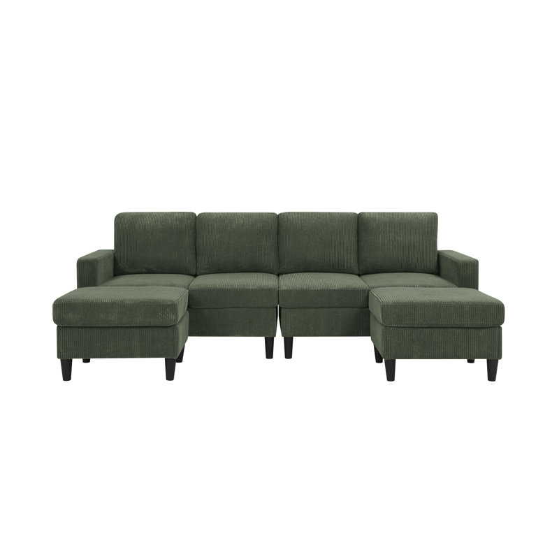 Cordory Upholstered Modular Sectional With 2 Ottomans, Dark Green Corduroy
