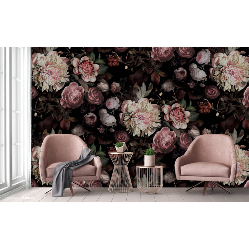 Papier peint romantique noir avec fleurs luxueuses, L 110,04 po x l 204 po