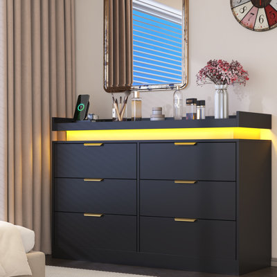Commode à 6 tiroirs de 47,2 po de largeur avec lumières DEL et prise de courant, commode double moderne en bois noir, armoire de rangement à 6 tiroirs pour chambre à coucher, salon, entrée, couloir, noir