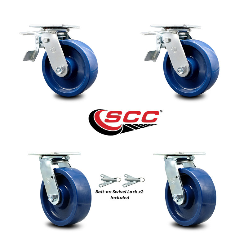 6 Inch Solid Polyurethane Caster Set with Roller Bearings 2 Brake 2 Swivel Lock