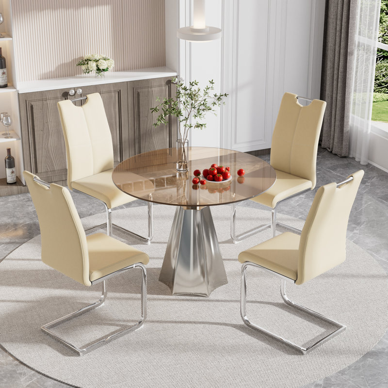 Ensemble de table de salle à manger moderne à piédestal avec plateau en verre trempé 35,4 po Modern, Jaune
