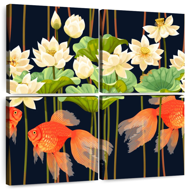 Poisson rouge et fleurs de lotus, H 26 po x l 26 po
