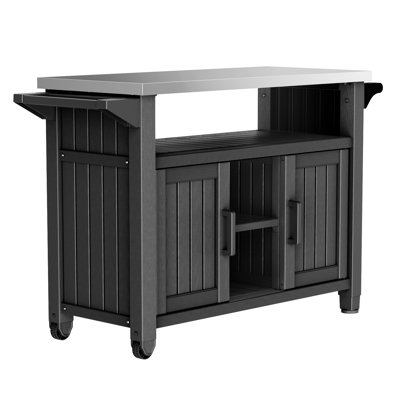Outdoor Grill Cart With Storage Cabinet Metal Kitchen Island Prep Table With Movable Universal Wheels And Stainless Steel Top For Outside Bbq Backyard