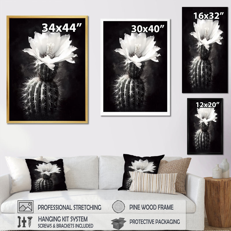 Cactus noir et noir, collage minimal - art mural sur toile florale, H 44 po x l 34 po x P 1,5 po, Toile tendue