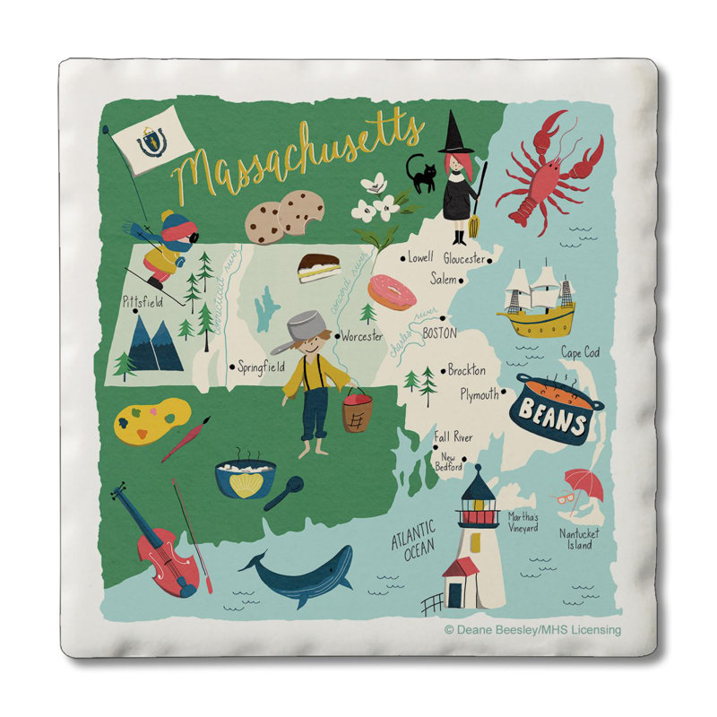 Massachusetts 4 Piece Tumbled Tile Coaster Set