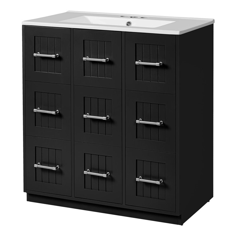Meuble-lavabo de 30 po avec lavabo et tiroirs encastrés, Noir, Argent argent