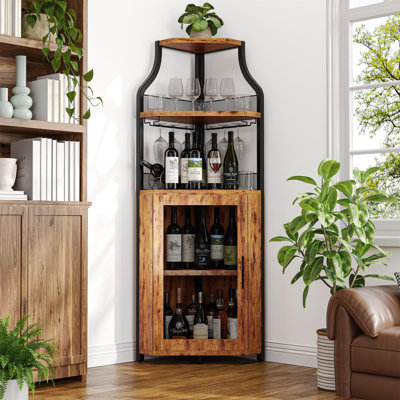Bar à vin de coin avec support amovible, porte de grange et grillagée, tablette réglable, armoire pour bar à domicile, bois rétro