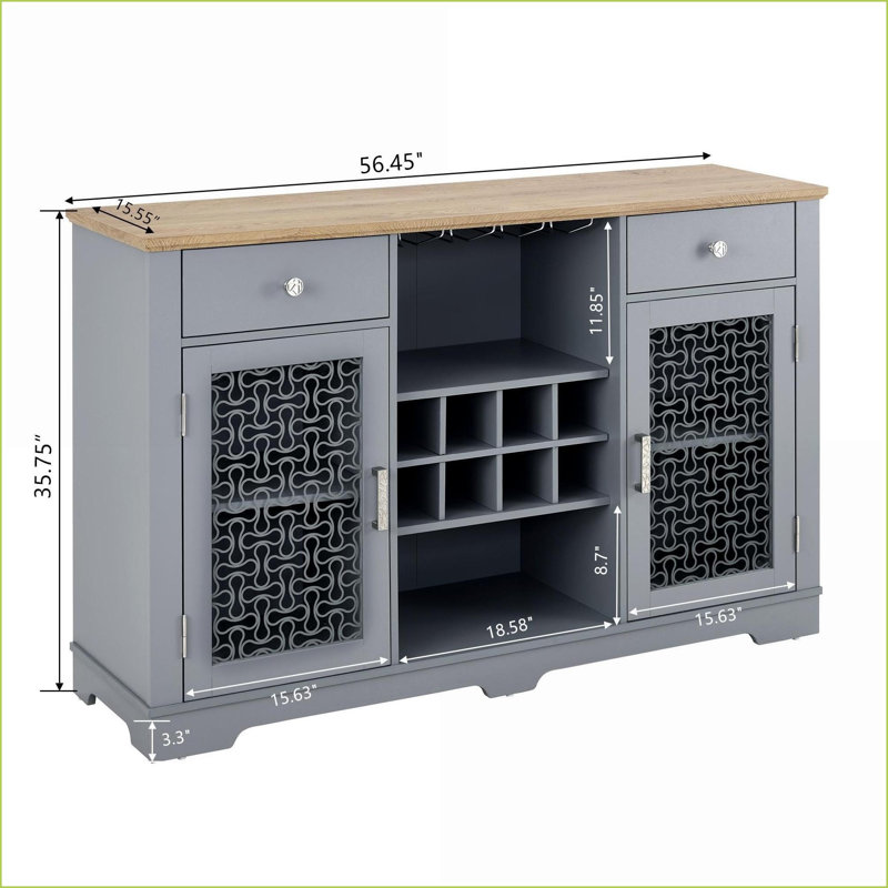 Cabinets, buffet de ferme moderne avec 2 tiroirs, portes en verre et amp; Support à vin | Bleu clair + chêne clair l 56,46 po | Panneau de fibres à densité moyenne | Cuisine