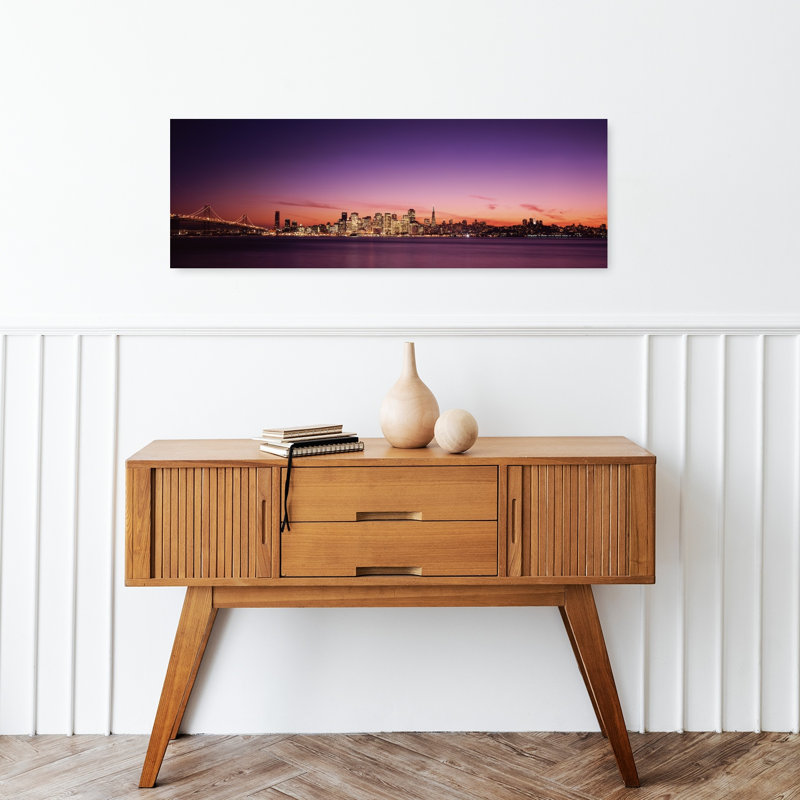 Suspension bridge with city skyline at dusk Bay Bridge San Francisco Bay San Francisco California USA 1 Piece Wrapped Canvas Panoramic Wall Art