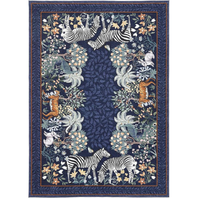 Zebra Navy Blue Washable Rugs 8X10 For Playroom Vintage Jungle Woodland Forest Safari Animal Print Rug Low Pile Botanical Kids Rugs For Living Room Kitchen Nursery Room