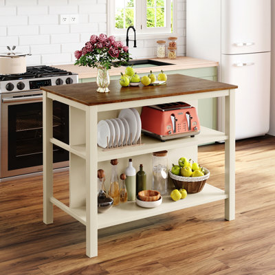 Rustic Solid Wood Dining Table Island - 45" Walnut And Cream White 2 Open Shelves For Compact Spaces Kitchen In Design Top Frame With Small Areas