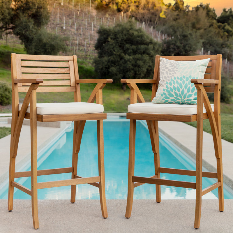  Ensemble de 2 tabourets de bar d'extérieur en bois d'acacia avec coussins résistants aux intempéries, Beige