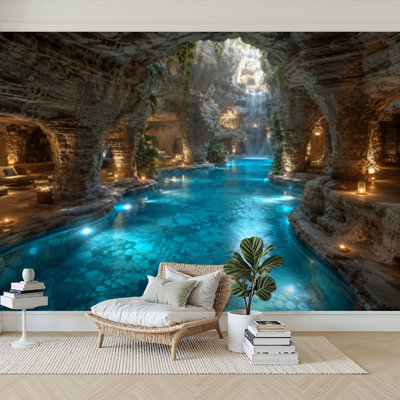 Papier peint auto-adhésif Mystical Cave Pool Illuminated Waterfutes Greenery
