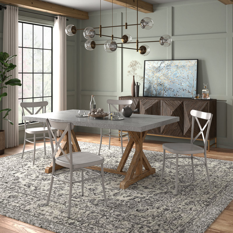 Cann Rustic Pine Frame Concrete Veneer Top Dining Table Set - Full Concrete Veneer Top Table And 4 Chairs, Gray