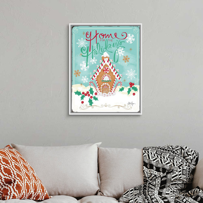 «Gingerbread House» par LoriLynn Simms - peinture sur toile tendue, H 15,25 po x l 12,25 po, Cadre blanc