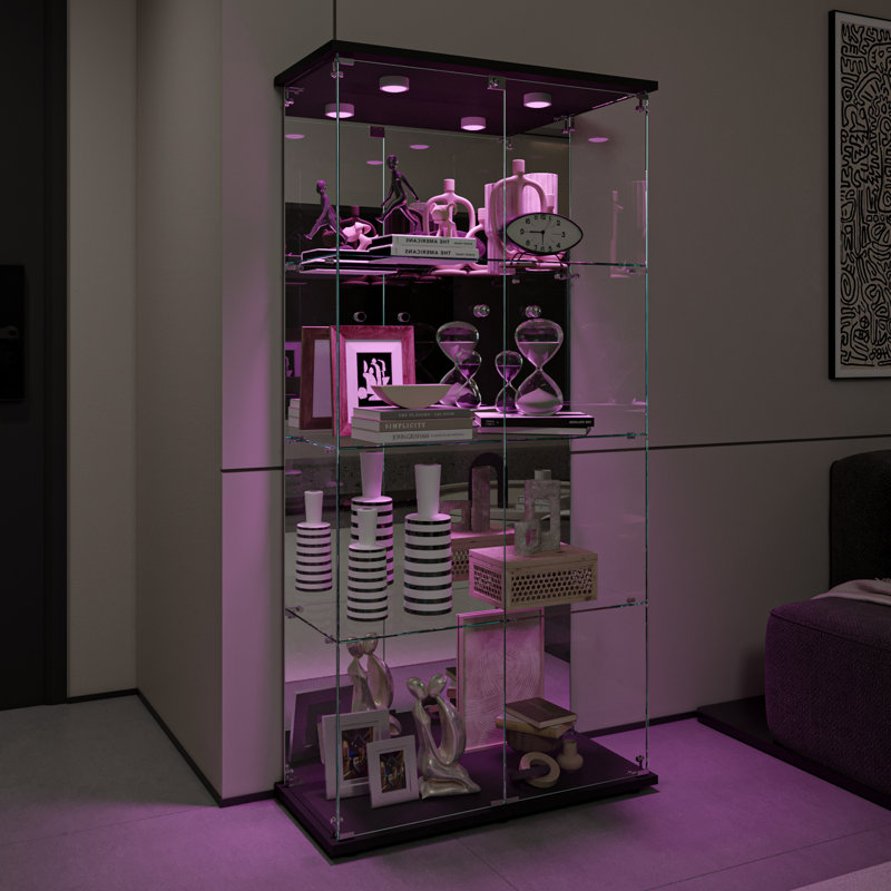 Vitrine en verre avec panneau arrière en miroir, 2 portes vitrées à DEL, Noir