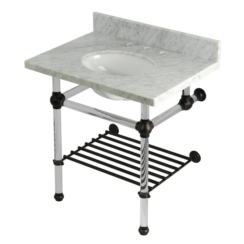 Kingston Brass Templeton 30-Inch Carrara Marble Console Sink with Acrylic Legs and Shelf (8-Inch, 3-Hole), Oil Rubbed Bronze