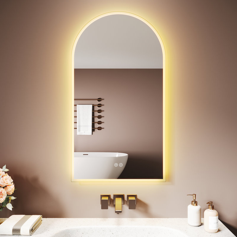 Arched White Metal Bathroom Mirror, Frosted Surround Edge, Anti-Fog Pad, Touch Stepless Dimming LED