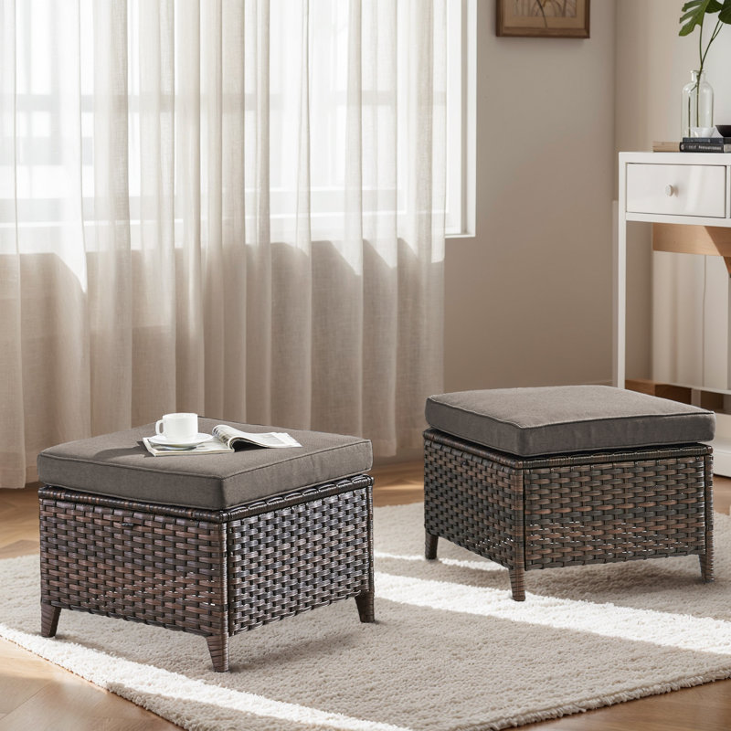 Abbey Outdoor Durable Wicker Ottomans With Olefin Cushions Durable & Weather-Resistant For Patios, Gray, Brown