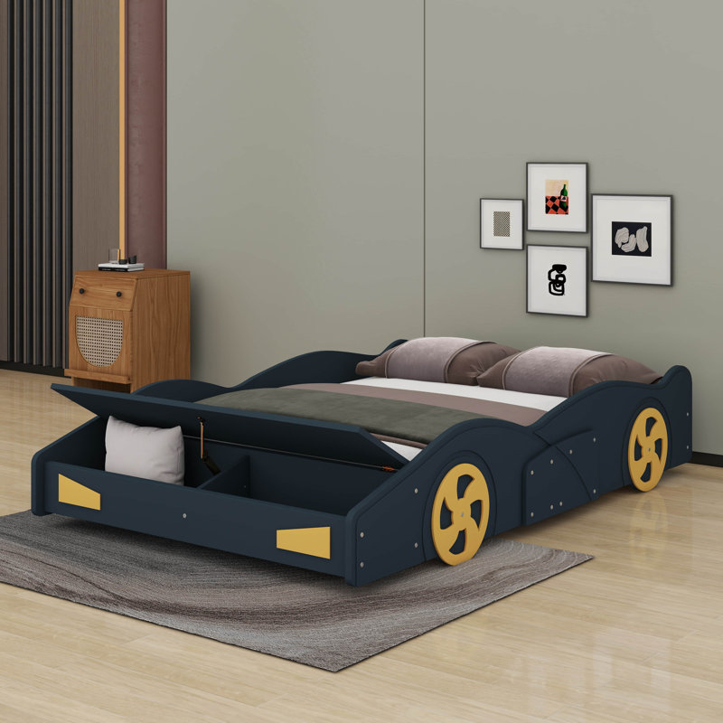 Car-Shaped Platform Bed With Wheels And Storage, Full, Dark Blue/Yellow