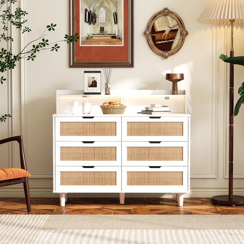 43.31"6-Drawers Rattan Storage Cabinet Rattan Drawer With LED Lights And Power Outlet