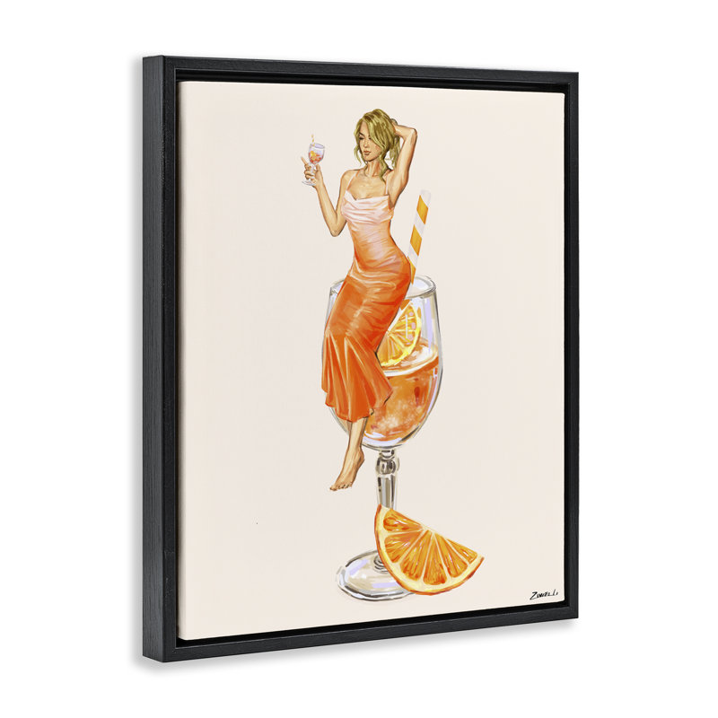 Femme et tranche d'orange cocktail, Cadre flottant noir de jais, H 21 po x l 17 po