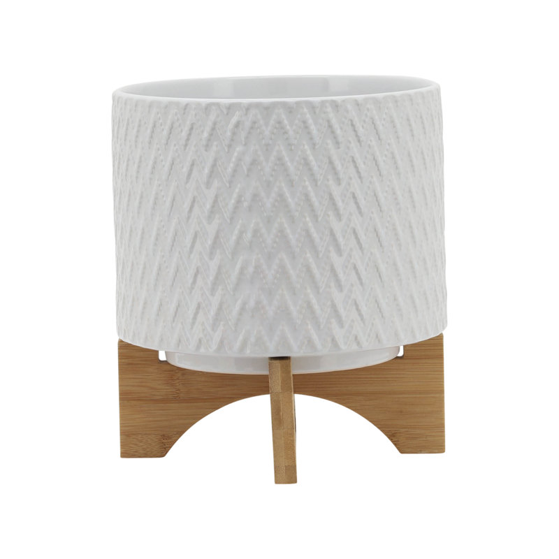 CHEVRON PLANTER W/ STAND, WHITE, 10.04" H x 8.04" W x  8.04" D