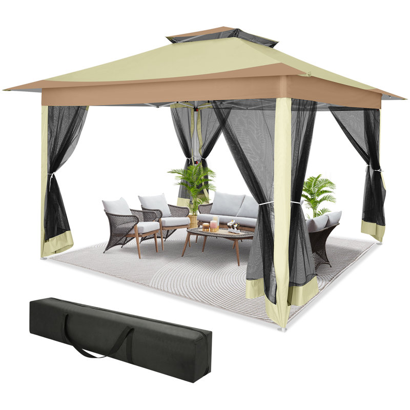 12x12 Gazebo Outdoor Pop-up Canopy with Mosquito Netting 2-Tiered Vented Top 3 Adjustable Height for Backyard, Garden, Lawn