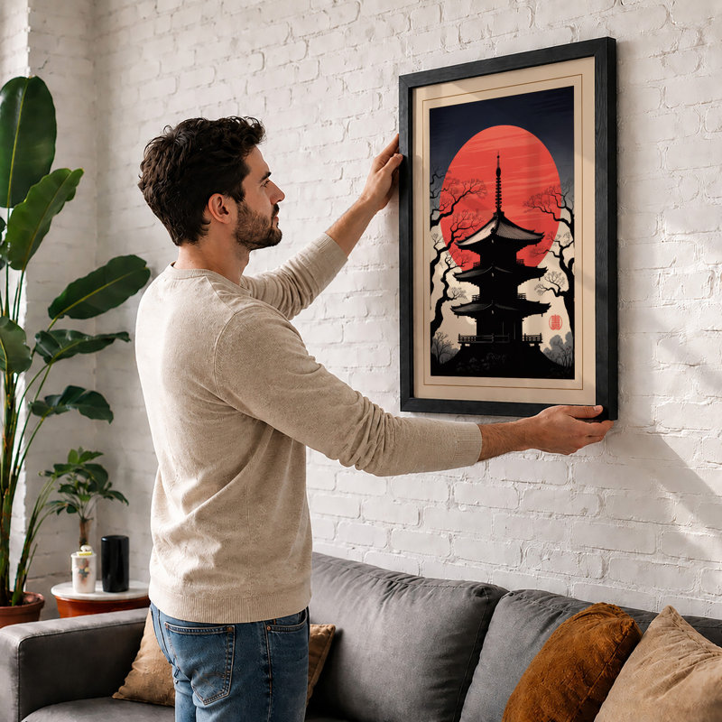Pagoda at Sunset Japandi - Framed Print, A3 - 42.0 x 29.7 cm, White