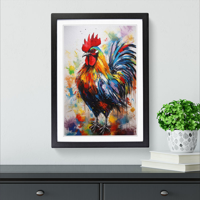 Rooster Gestural No.2 - Single Picture Frame Print on Wood, 46cm H x 34cm W x 2cm D, Black