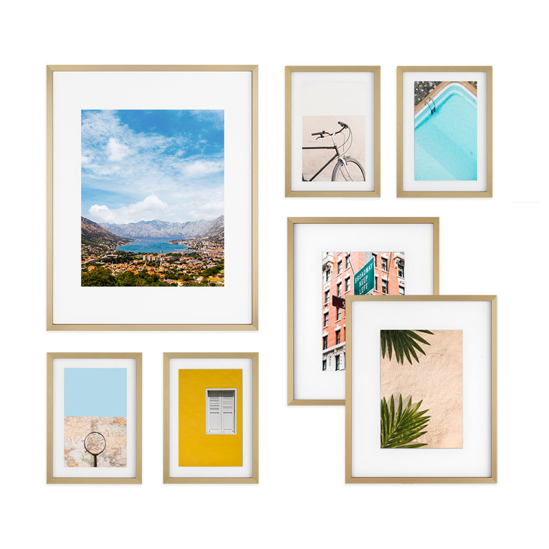 Metal Rectangular Picture Frame - Set of 7 with Mat, Gold