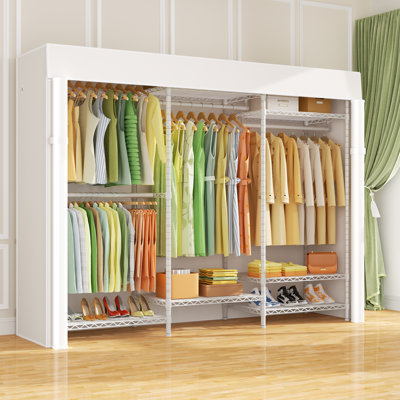 E13C Heavy Duty Clothes Rack with Cover, Loads 950 lbs, Garment Rack for Hanging Clothes, Clothing Storage With 8 Tiers Adjustable Metal, 63" W x 16" D x 77" H, White Rack with White Cover
