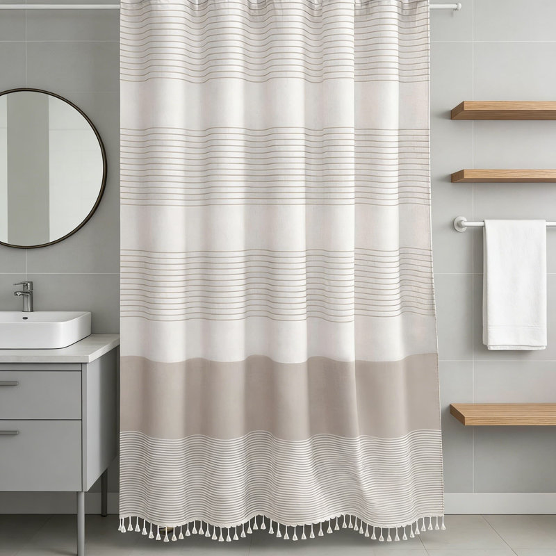 Farmhouse Shower Curtain With Linen Texture And Decorative Tassels, Rustic Style Bathroom Decor With Rust-Resistant Grommets, Easy Care Fabric