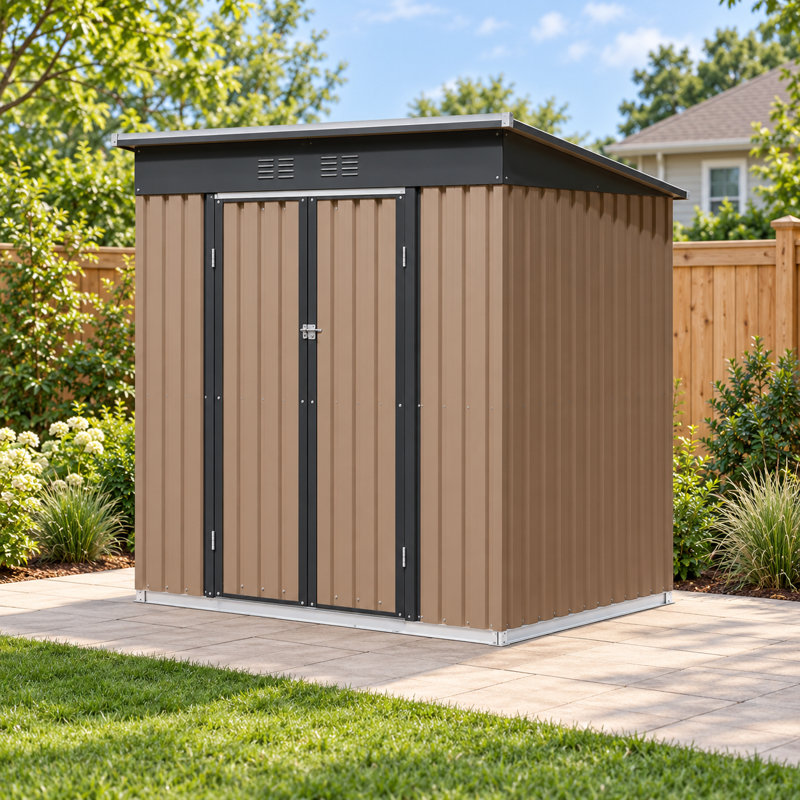 6 x 4 ft Brown Metal Outdoor Storage Shed with Hinged Double Doors, Pent Roof Weather Resistant Garden Utility Shed