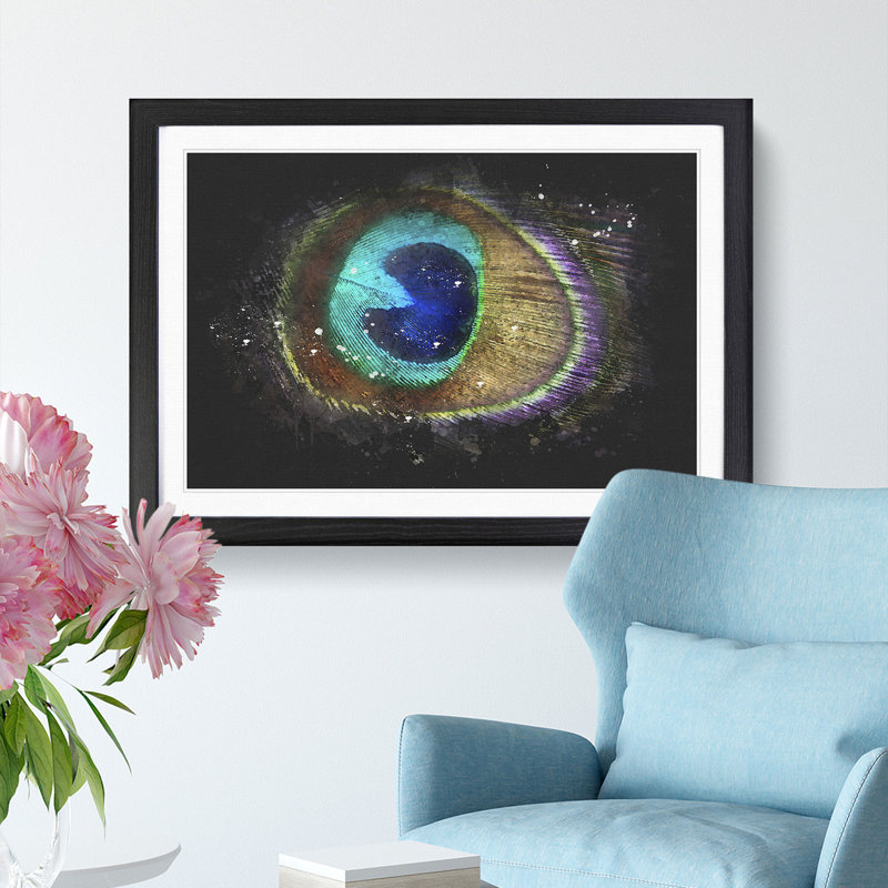 Delicate Peacock Feather Paint Splash - Framed Print, Black Framed, 24cm H x 33cm W x 2cm D
