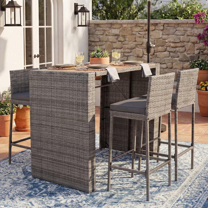 5-pieces Outdoor Patio Wicker Bar Set Removable Cushion