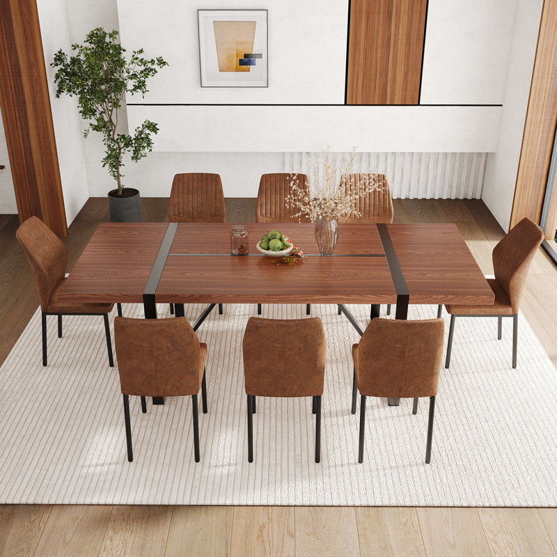87 Inch Wood Dining Table Set With PU Leather Upholstered Dining Chair, 9 Pieces: Table, 8 Chairs, Walnut, Brown