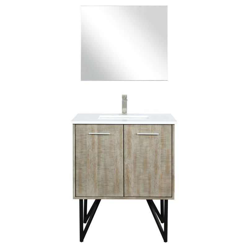 Meuble-lavabo rustique 30 po L, P 20 po, comptoir en quartz blanc, robinet en nickel brossé et miroir décoratif mural de 28 po de large avec teinture incluse