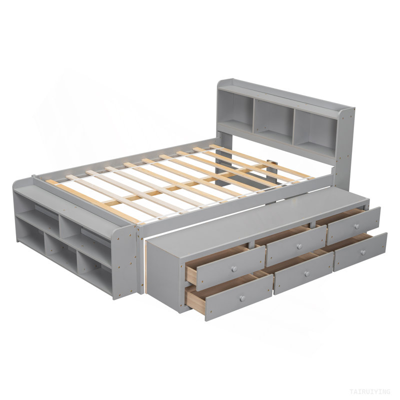 Lit double avec tête de lit bibliothèque, tiroirs de rangement sous le lit et étui de rangement à bout de lit, gris, Gris