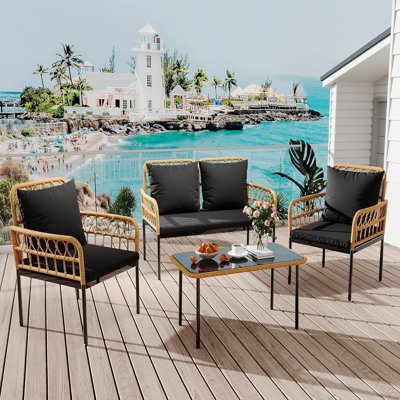 4-Piece Outdoor Wicker Patio Conversation Set with Beige Cushions and Coffee Table, Sectional Sofa for Balcony, Deck, Backyard or Poolside by Bay Isle Home